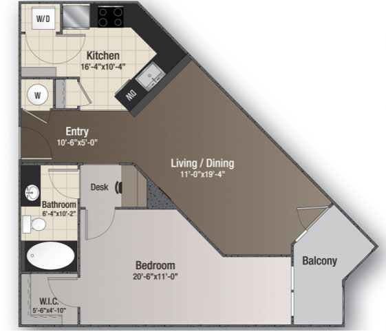 Floor plan for 1 bed, 1 bath, 710 sqft